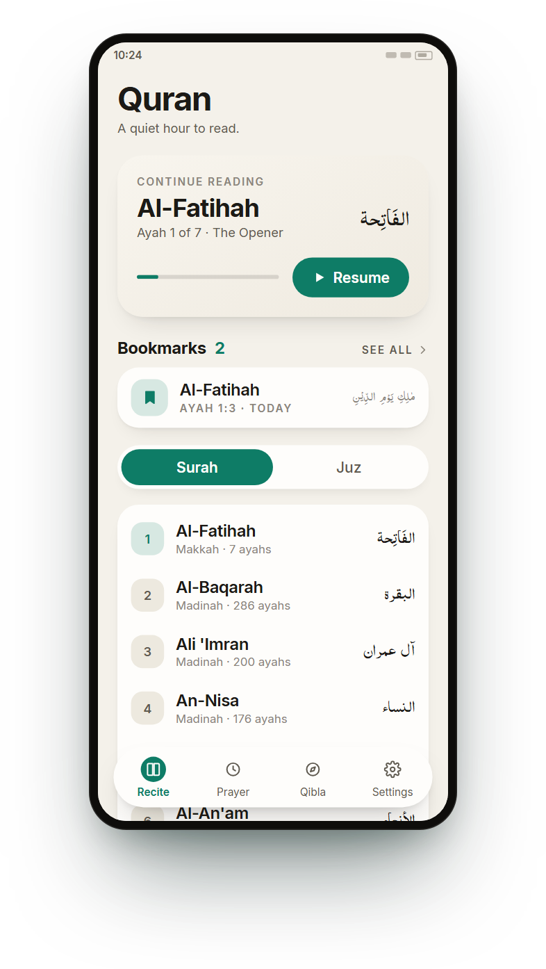 The Quran app open at the surah index, with Continue reading and bookmarks