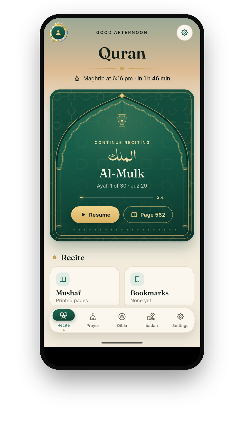 The Quran app open at the surah index, with Continue reciting and bookmarks