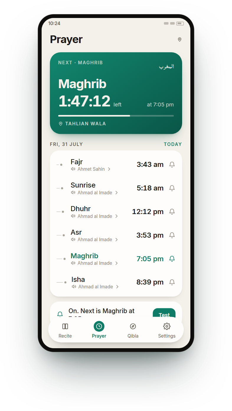 Prayer times in the Android app, with a live countdown to the next prayer