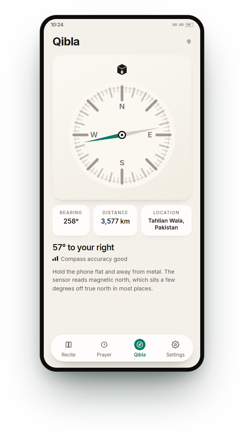 The Qibla compass, with bearing and distance to Makkah