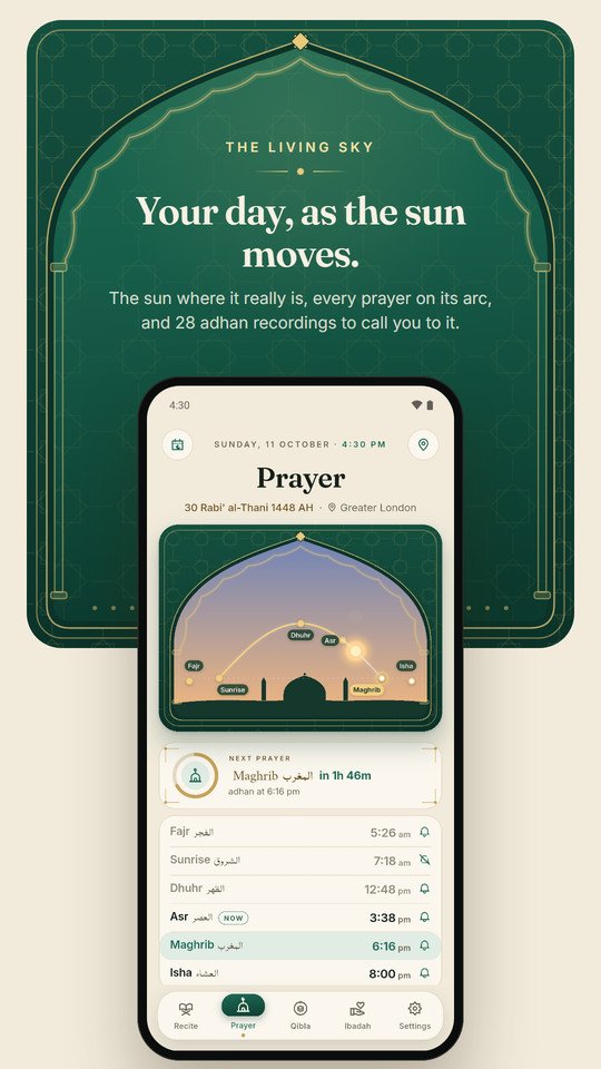 Prayer timings under a living sky, counting down to the next prayer