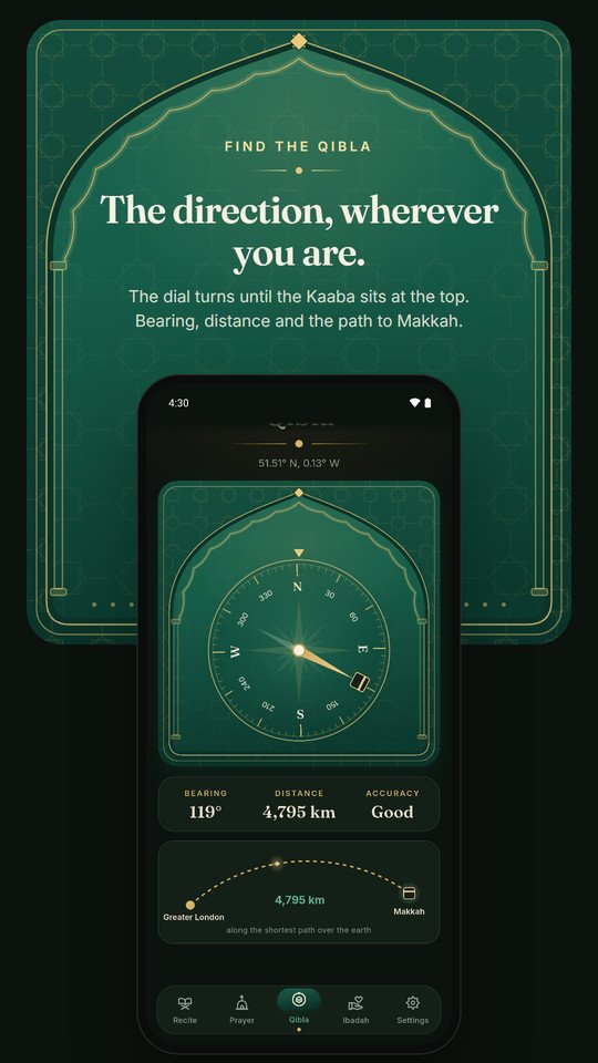 The Qibla compass, with the distance to the Kaaba