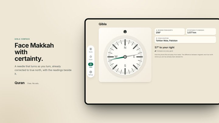 The Qibla compass on a tablet, with the distance to Makkah